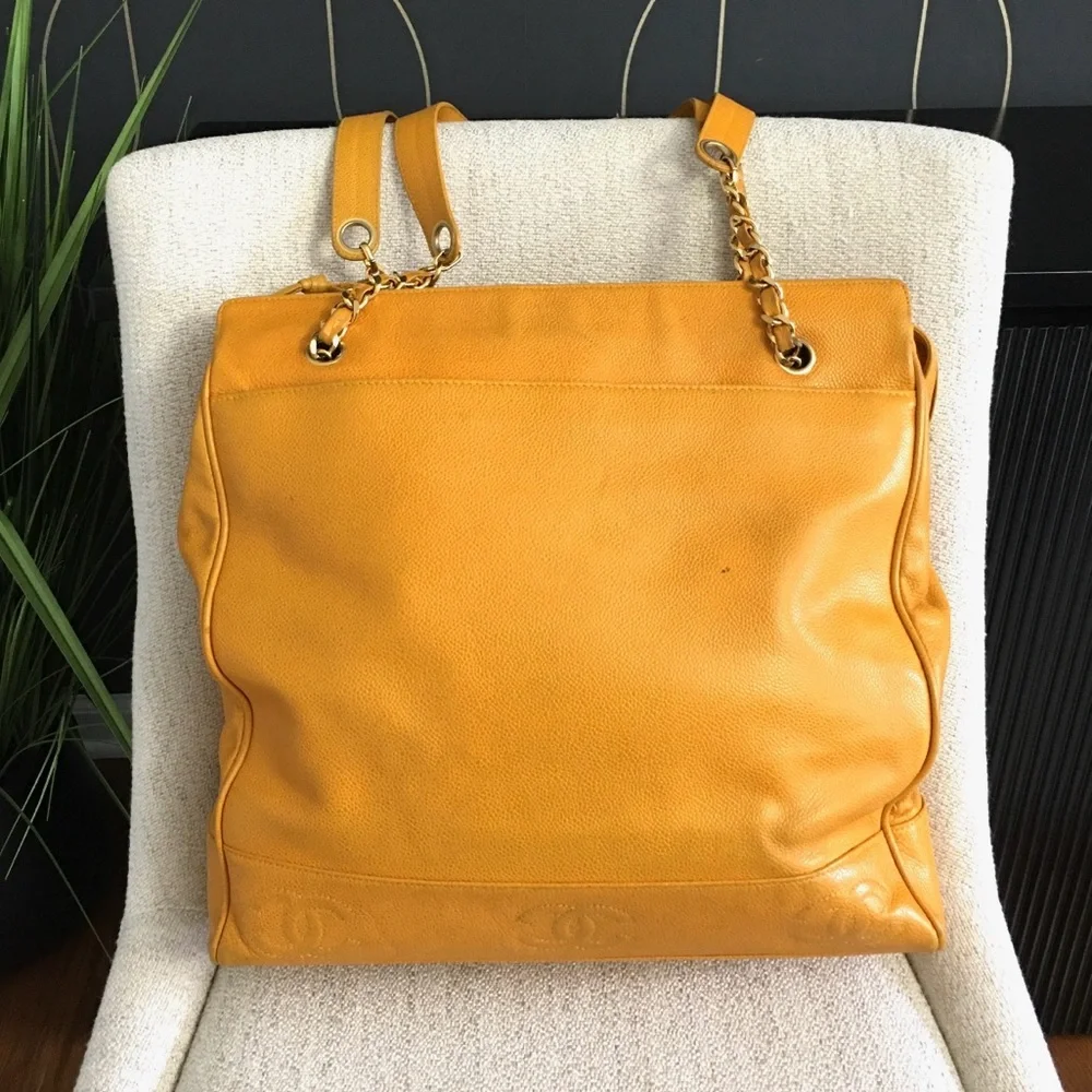 Authentic CHANEL large yellow caviar leather executive tote